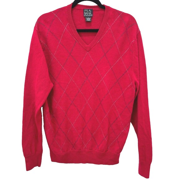 Jos A Bank Executive Red Sweater Mens L Lambs Wool Argyle Career Office Holidays - Picture 1 of 9